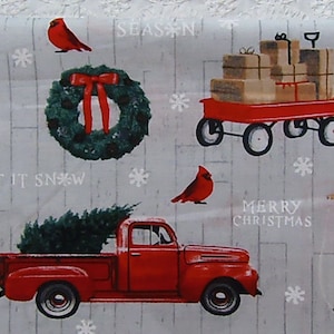 Retro Rot Lastwagen, Wagons & Schlitten Urlaub Road Trip Neuheit Weihnachtsstoff 100% Baumwolle Fat Quarter vergriffen
