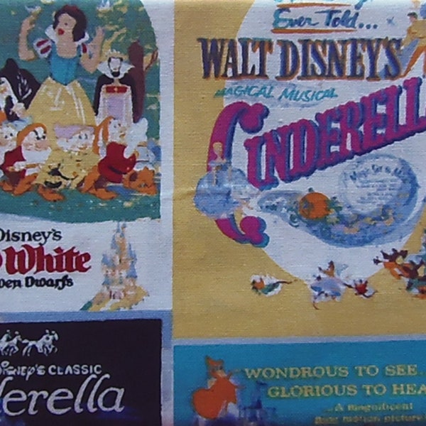 Disney Greatest Fairy Tales Classic Movie Posters Fabric 100% Cotton Fat Quarter Rare Out of Print