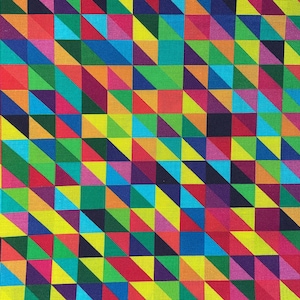 May include: A colorful geometric pattern with a repeating design of triangles in various shades of red, orange, yellow, green, blue, purple, and black.