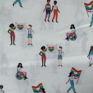 May include: White fabric with a repeating pattern of diverse figures. The illustrations feature people holding rainbow flags and hearts, and some are in wheelchairs. The figures are dressed in various outfits, including shorts, shirts, and skirts.