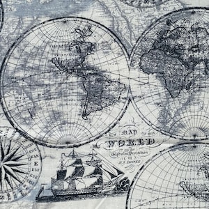 Karte der Welt Schiff Kunst Wissenschaft Kartographie Bildung David Textiles Quilter's Stoff 100% Baumwolle Fat Quarter Vergriffen Selten