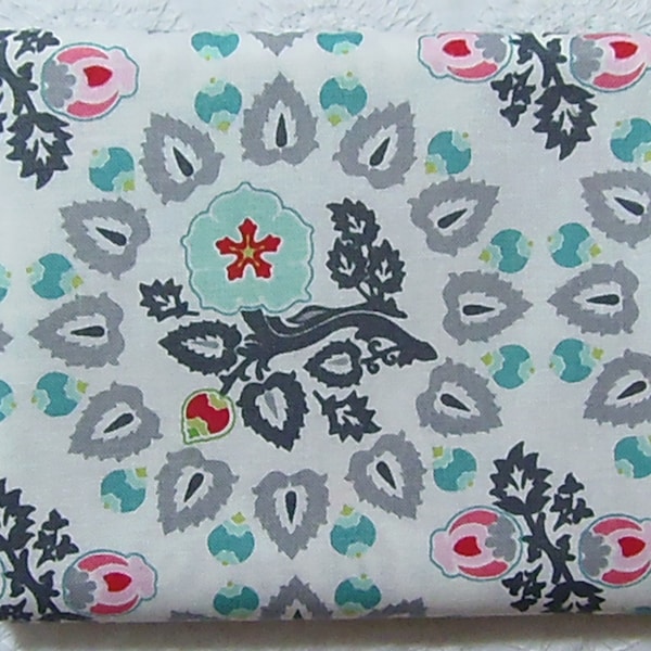 Turquoise & Gray Pressed Flowers Patty Young In Bloom Modkid Designer Fabric 100% Cotton Fat Quarter Out of Print Rare