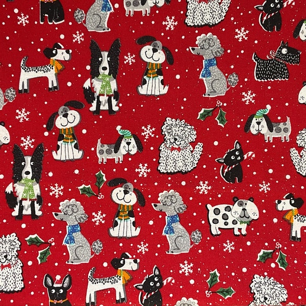 Happy Holiday Dogs Poodle Terrier Bulldog Shepherd & More Designer Novelty Holiday Fabric 100% Cotton Fat Quarter Out of Print Rare