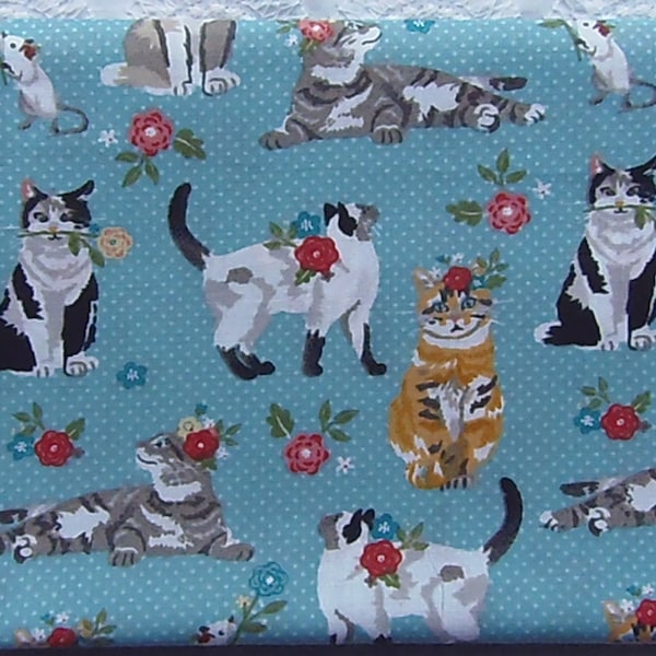 Fancy Cats & Flowers on Blue Polka Dot Novelty Exclusive Animal Fabric 100% Cotton Fat Quarter Out of Print Rare