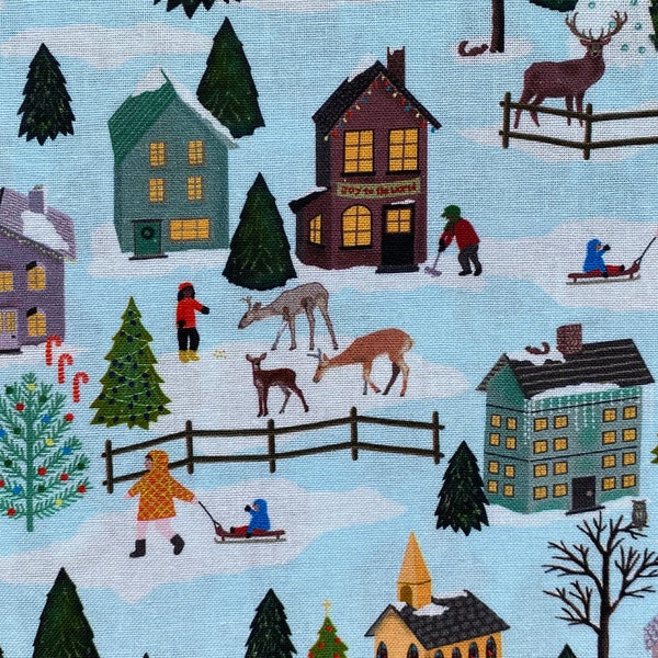 Retro Mini Vintage Christmas Village Houses Deer Trees & More Designer Novelty Holiday Fabric 100% Cotton Fat Quarter Out of Print Rare