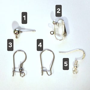 May include: Five silver-toned earring findings labeled 1 through 5. Item 1 is a ball post, 2 is a clip-on finding, 3 is a kidney wire, 4 is a leverback, and 5 is a fishhook ear wire. Each component features a small loop for attaching jewelry.