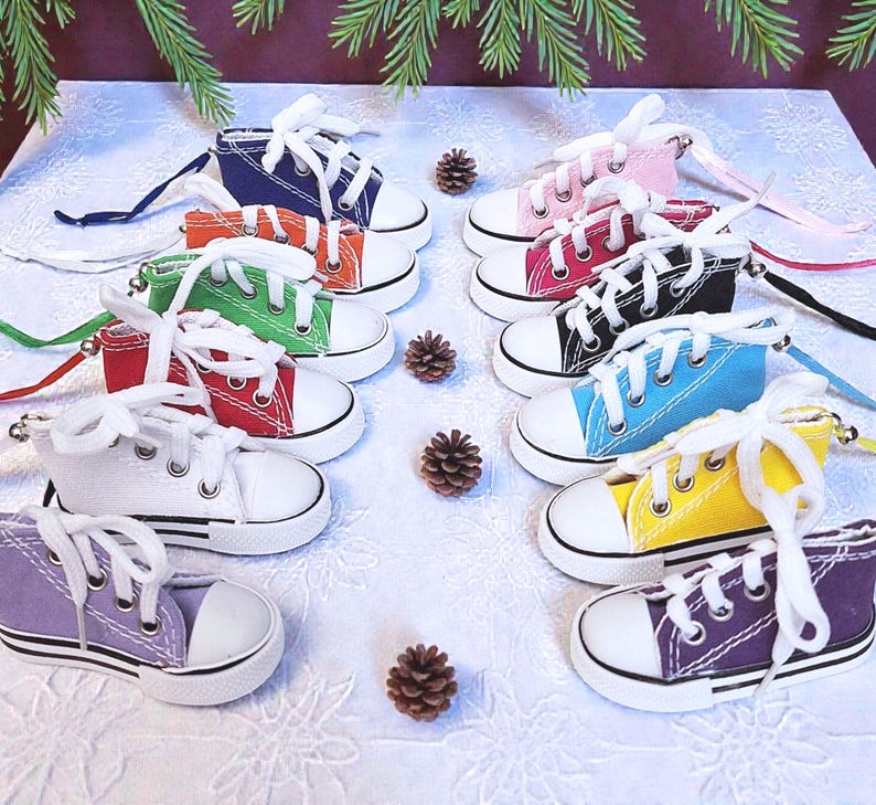 Small High Top Shoe Ornaments, Mini Canvas Lace Up Shoe Ornament, Assorted Colors, Cute Christmas Ornament, Package Gift Wrap Decor image 1