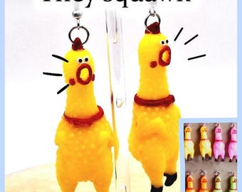 Rubber Chicken Earrings  Hilarious Mini Squeaking Chickens  Your choice Pierced or Clip-on