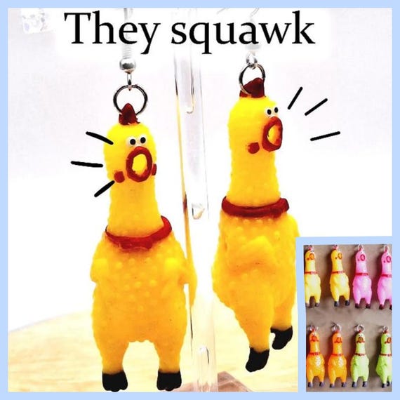 Rubber Chicken Earrings  Hilarious Mini Squeaking Chickens  Your choice Pierced or Clip-on
