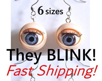 Creepy Blinky Doll Eye Earrings, 5 sizes,  choice of Pierced or Clip, Eyeball Dangle Drop Earrings, Unique Jewelry, Spooky Gift,