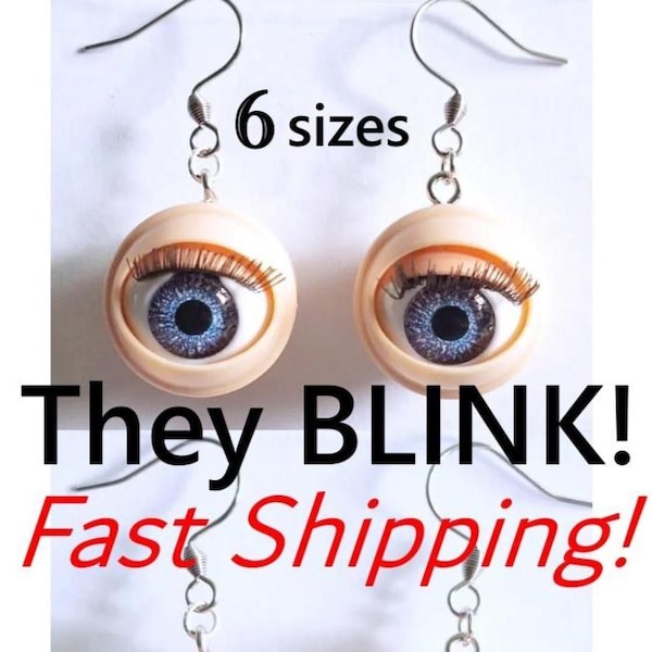 Pair of Creepy Blinky Doll Eye Earrings, 5 sizes,  choice of Pierced or Clip, Eyeball Dangle Drop Earrings, Unique Jewelry, Spooky Gift,
