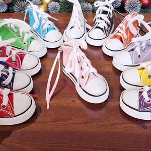 Small Canvas Shoe Key Chain or hanging Ornaments, Mini High Top Tennis Shoe /Basketball Lace Up Shoe Ornament, Assorted Colors