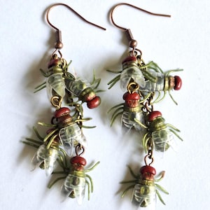 Realistic Fly Cluster Dangle Earrings: Pierced Insect Jewelry Entomologist Gift