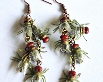 Realistic Fly Cluster Dangle Earrings: Pierced Insect Jewelry Entomologist Gift