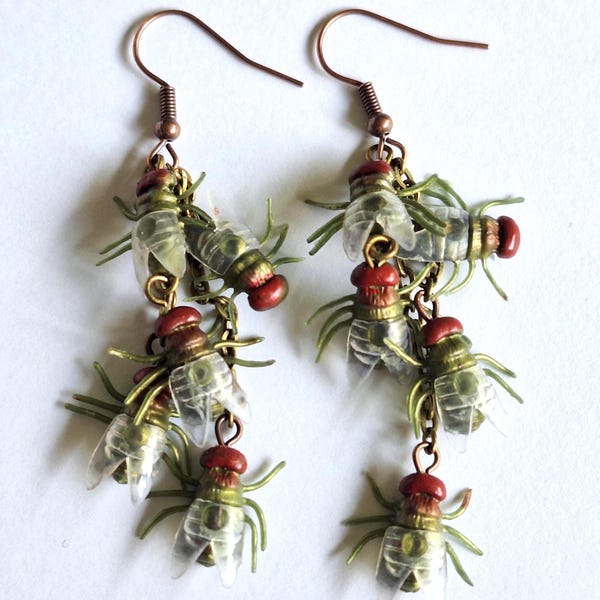 Realistic Fly Cluster Dangle Earrings: Pierced Insect Jewelry Entomologist Gift