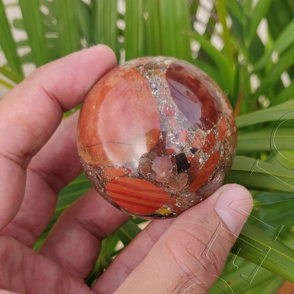 Red Jasper Conglomerate Pudding Stone Sphere With Wooden Ring Stand Spiritual Reiki Healing Meditation 7.05 OZ RJ008.