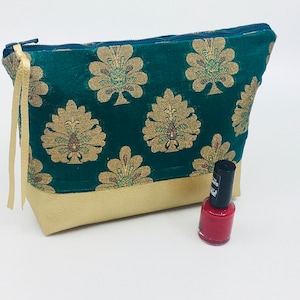 Gift for her, cosmetic bag, toiletry bag, make-up bag, brocade fabric, green, faux leather, gold