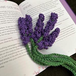 May include: A crocheted lavender flower bookmark with green stems. The bookmark is resting on an open book with the text "Renewal" and a passage about the power of renewal.