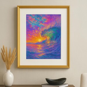 May include: A framed art print depicting a vibrant ocean wave at sunset. The artwork features a dynamic composition with a swirling wave in shades of teal and blue, set against a colorful sky of orange, pink, and purple. The frame is gold.