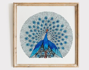 May include: A framed illustration of a blue peacock with its tail feathers spread out in a fan shape. The peacock is outlined in black and has a red crest on its head. The background is white.