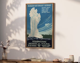 May include: Vintage travel poster for Yellowstone National Park featuring a geyser erupting against a blue sky. The poster includes the text "Ranger Naturalist Service" and "Yellowstone National Park".