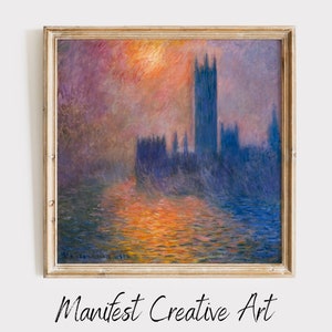 MONET Minimal Quadratischer Kunstdruck | Monet Wandkunst DIGITAL DOWNLOAD | Claude Monet Print, The Houses of Parlaments, Sonnenuntergang | MS011