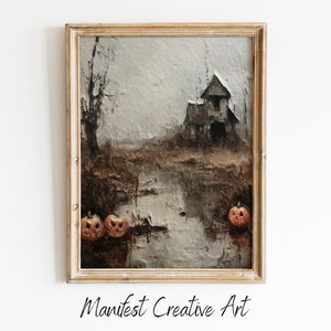Spukhaus mit Kürbissen, Digital Art Print, Vintage Ölgemälde, Halloween Wandkunst | Dark Academia Wandkunst | Stimmungsvolle Wanddekoration | OA007