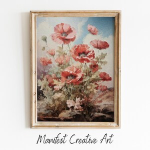 Wildflowers Poppies Wall Art, Sunflower Prints Digital Download, Vintage Farm House, Country Field Landscape Oil Painting Printable | OA0015