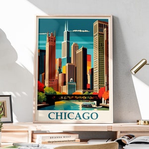 Impresión de arte de pared retro de Chicago, arte de pared vintage, arte de pared imprimible, póster de viaje de Chicago, arte de pared retro, decoración colorida / C16
