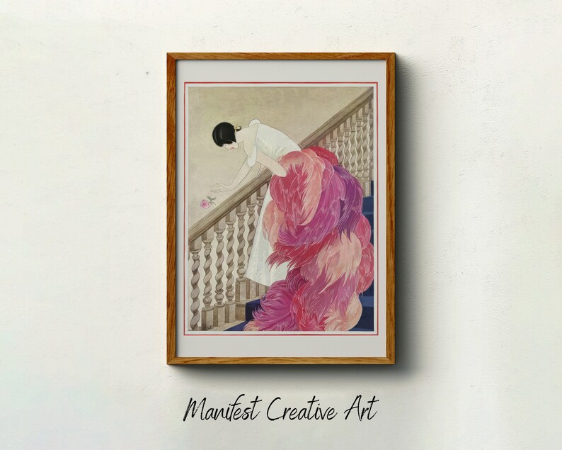 a painting of a woman in a pink dress on a white wall