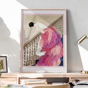 a painting of a woman in a pink dress on a wall