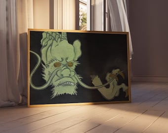 Sztuka ścienna w stylu vintage w stylu japońskim, wydruk cyfrowy | Cyfrowy wydruk sztuki japońskiej kaligrafii | Plakat z azjatyckim smokiem | Dekoracja ścienna do domu | J012