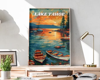 Affiche de voyage rétro Lake Tahoe, art mural vintage, oeuvre d'art imprimable, affiche du parc national, impression Lake Tahoe art mural rétro décoration d'intérieur | LT13