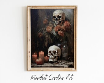 Skulls With Burning Candles, Digital Art Print, Vintage Oil Painting, Halloween Wall Art | Dark Academia Wall Art | Moody Wall Decor | OA006