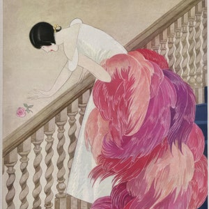 a painting of a woman on a staircase