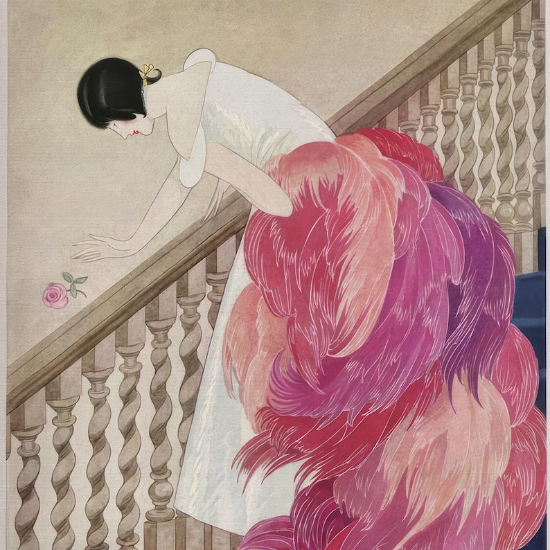 a painting of a woman on a staircase