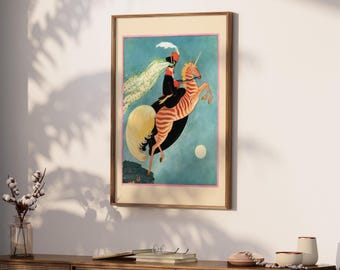 Woman Riding Unicorn Print | Vintage Magazine Cover Wall Print | Digital Poster Download | Retro 1900s Fantasy Wall Art Print | VCC11