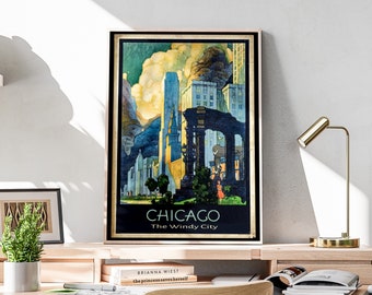 Retro Chicago Wall Art Print, Vintage Wall Art, Printable Wall Art, Chicago Travel Poster, Retro Wall Art, Colorful Decor | C12