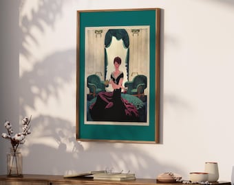 Lesende Frau mit Rose | Vintage Magazin Cover Wand Print | Digitaler Download | Retro 1900er Jahre Mode Kunstdruck | Angesagte grüne Kunst | VCC6