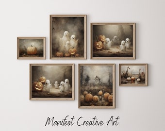 Halloween Gallery Wall Art SET of 6, Ghosts Family PRINTABLE Eclectic Wall Art, Dark Academia Decor, Halloween Prints, Moody Wall Art | E014