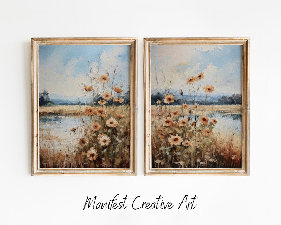 Wildflowers Set of 2 Prints, Sunflowers Landscape Painting Wall Art ...