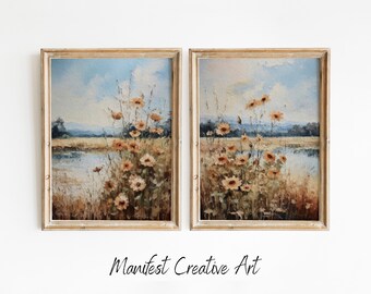 Wildflowers Set of 2 Prints, Sunflowers Landscape Painting Wall Art Digital Download, Vintage Farm House, Country 2 Piece Wall Art | E002