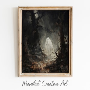 Geist im Wald Vintage Gemälde, Digitaldruck, dunkle Academia Wandkunst, rustikales Dekor, Geist Halloween Druck, stimmungsvolle Wandkunst | OA003