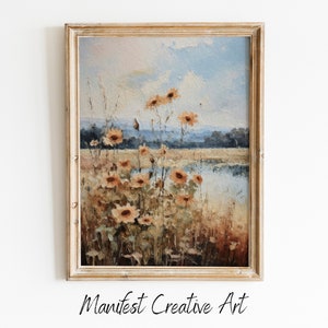 Wild Sunflower Wall Art, Sunflower Prints Digital Download, Vintage Farm House, Country Field Landscape Oil Painting Printable | OA0015