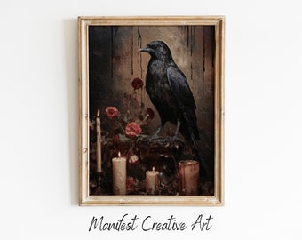 Raven Vintage Oil Painting, DIGITAL Art Poster Print, Gothic Victorian Crow | Dark Academia Wall Art | Moody Wall Decor | OA013