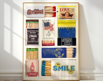 Impresión de caja de cerillas vintage, póster retro de caja de cerillas, arte de pared moderno con caja de cerillas, decoración estética estilo carrito de bar, impresión artística para apartamento / M01