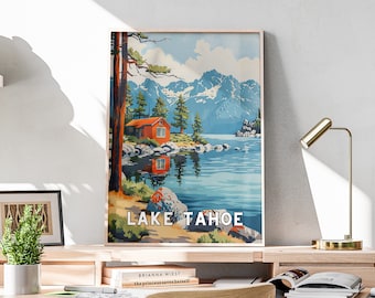 Affiche de voyage rétro Lake Tahoe, art mural vintage, oeuvre d'art imprimable, affiche du parc national, impression Lake Tahoe art mural rétro décoration d'intérieur | LT3