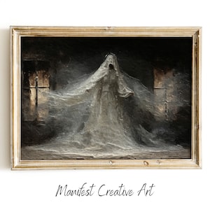 Haunted Ghost Halloween Art, Digital Art Print, Vintage Oil Painting, Halloween Wall Art | Dark Academia Wall Art | Moody Wall Decor | OA033