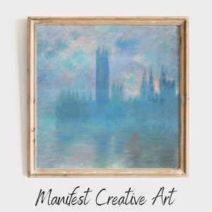 MONET Minimaler quadratischer Kunstdruck | Monet Wand Kunst DIGITAL DOWNLOAD | Claude Monet Druck, Houses of parlament (Effekt von Nebel) | MS001
