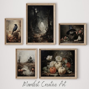 Halloween Gallery Wall Art Set | PRINTABLE Art Gallery Wall, Dark Academia Decor, Moody Halloween Prints, Moody Wall Art Set of 5 | E001